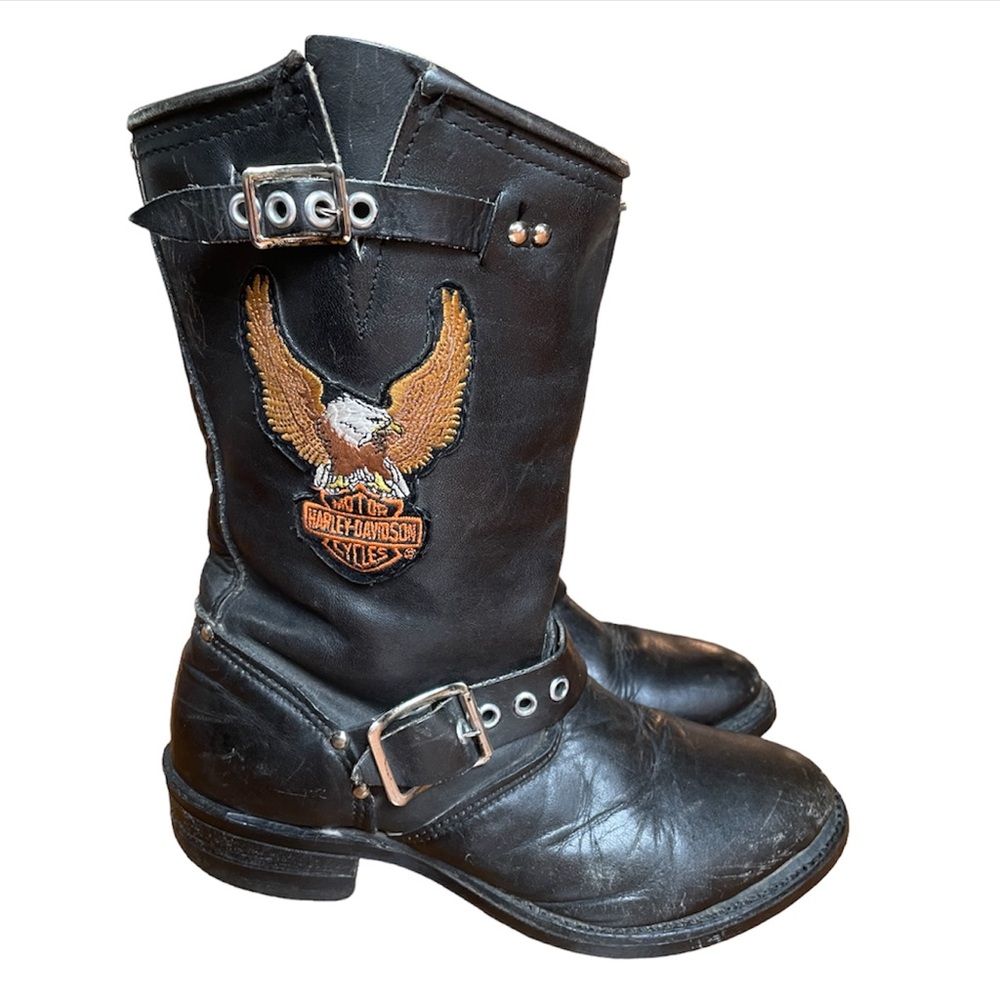 Harley-Davidson Black Leather Combat Boots with Gold Eagle Patch